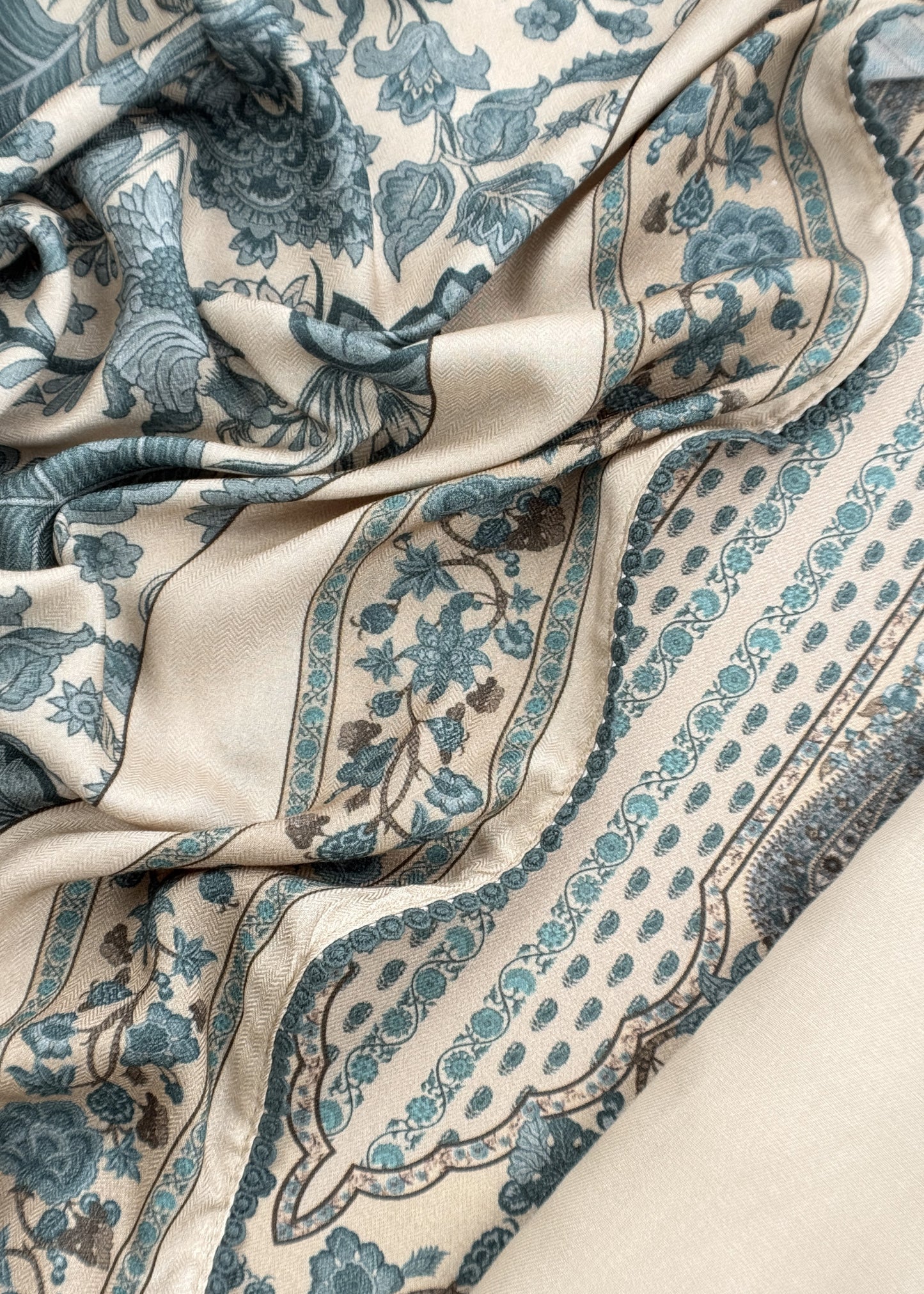White And Blue Winters Spun Pashmina Digital Print Suit Fabric
