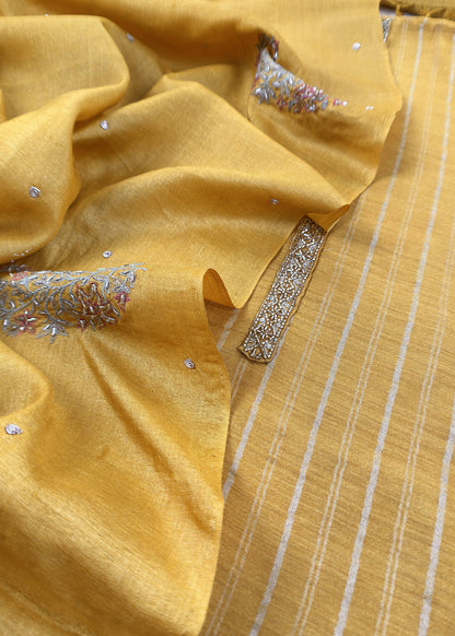 Marigold yellow Handloom desi Tussar suit with handwork