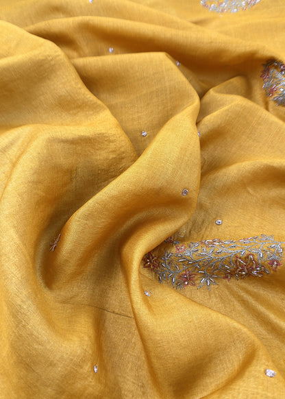 Marigold yellow Handloom desi Tussar suit with handwork