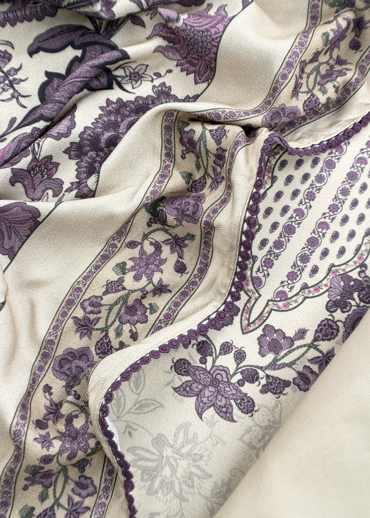 White And Purple Winters Spun Pashmina Digital Print Suit Fabric