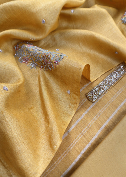 Marigold yellow Handloom desi Tussar suit with handwork