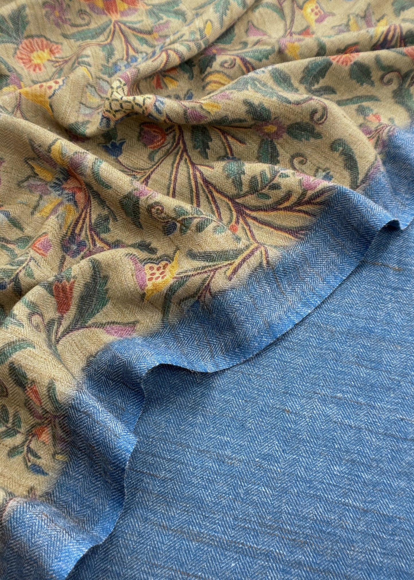 Blue Pure Pashmina Unstitched Suits With Kalamkari Dupatta