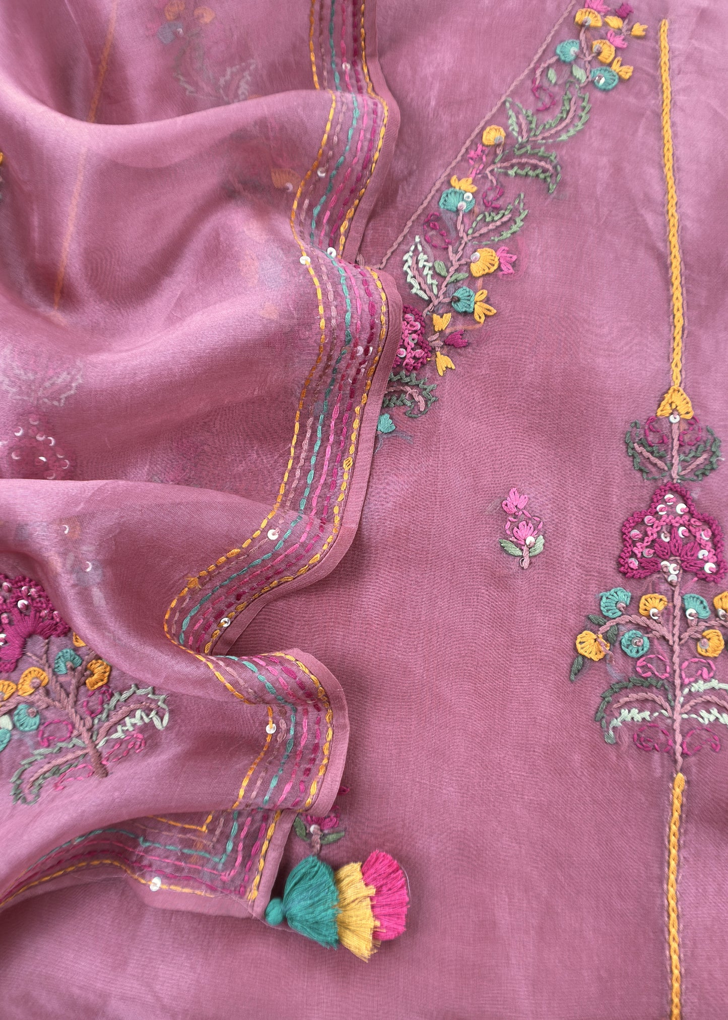 Salmon Pink Pure Organza Silk Suit Fabric With French Knot And Kantha Handwork
