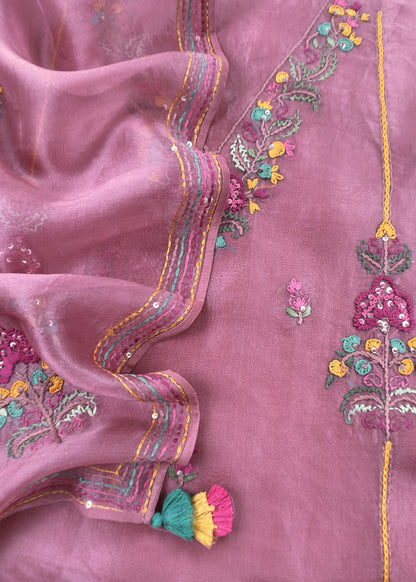 Salmon Pink Pure Organza Silk Suit Fabric With French Knot And Kantha Handwork