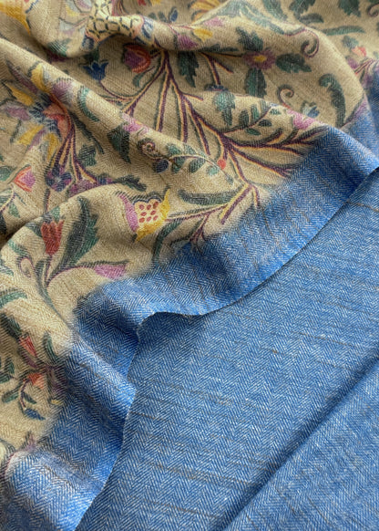 Blue Pure Pashmina Unstitched Suits With Kalamkari Dupatta