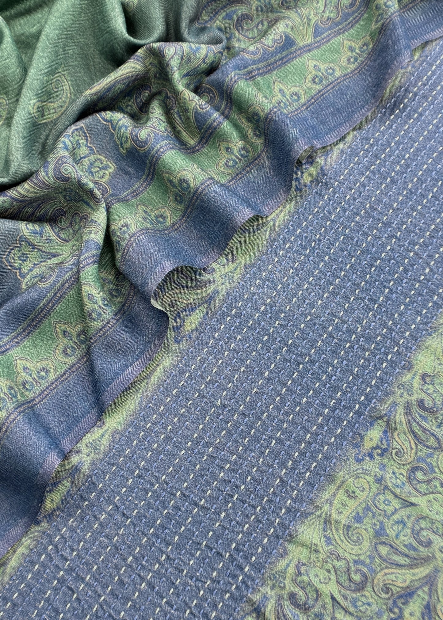 Blue Winters Spun Pashmina Digital Print Suit Fabric With Kantha Embroidery