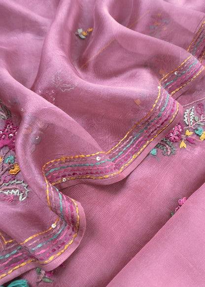 Salmon Pink Pure Organza Silk Suit Fabric With French Knot And Kantha Handwork