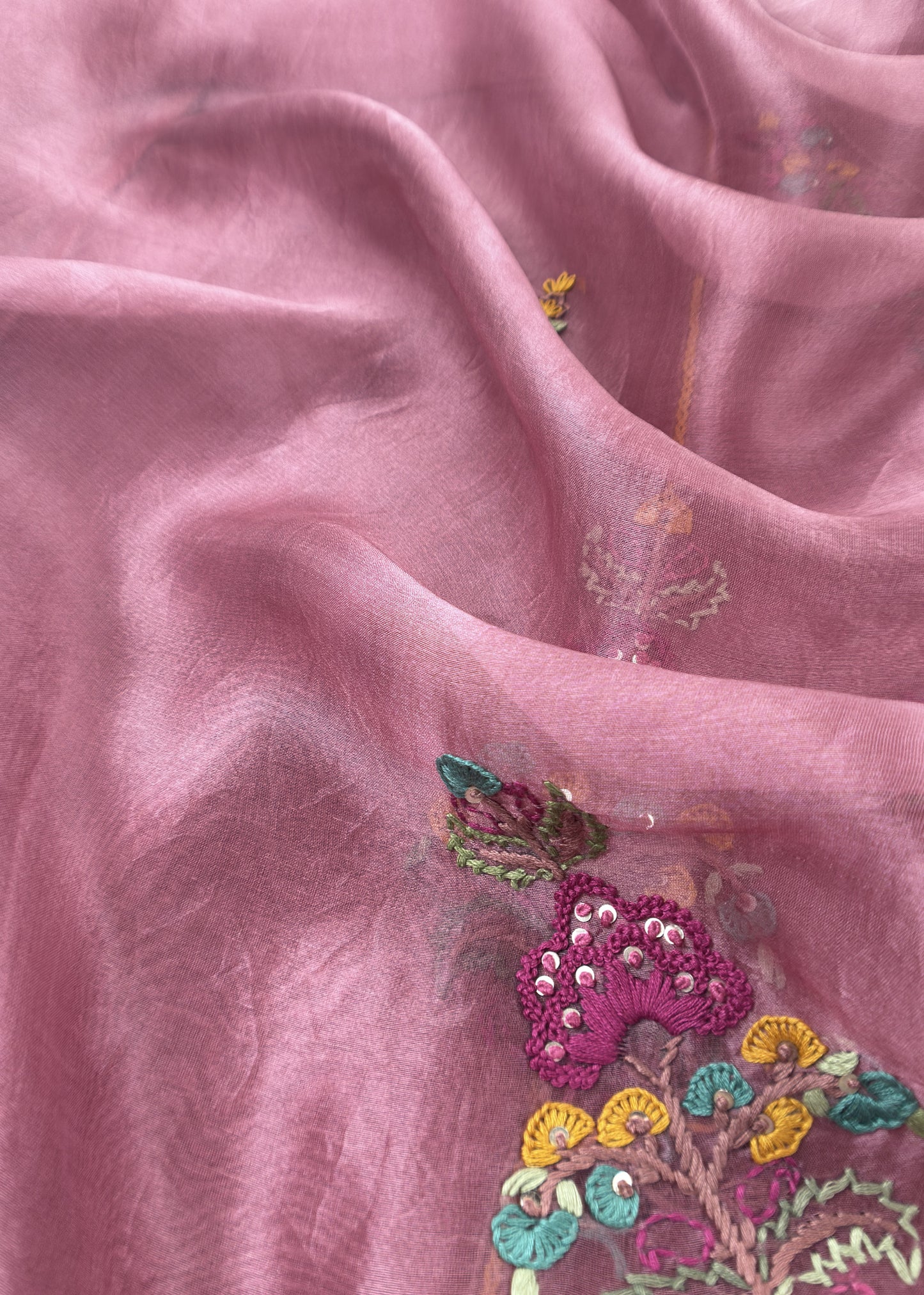 Salmon Pink Pure Organza Silk Suit Fabric With French Knot And Kantha Handwork