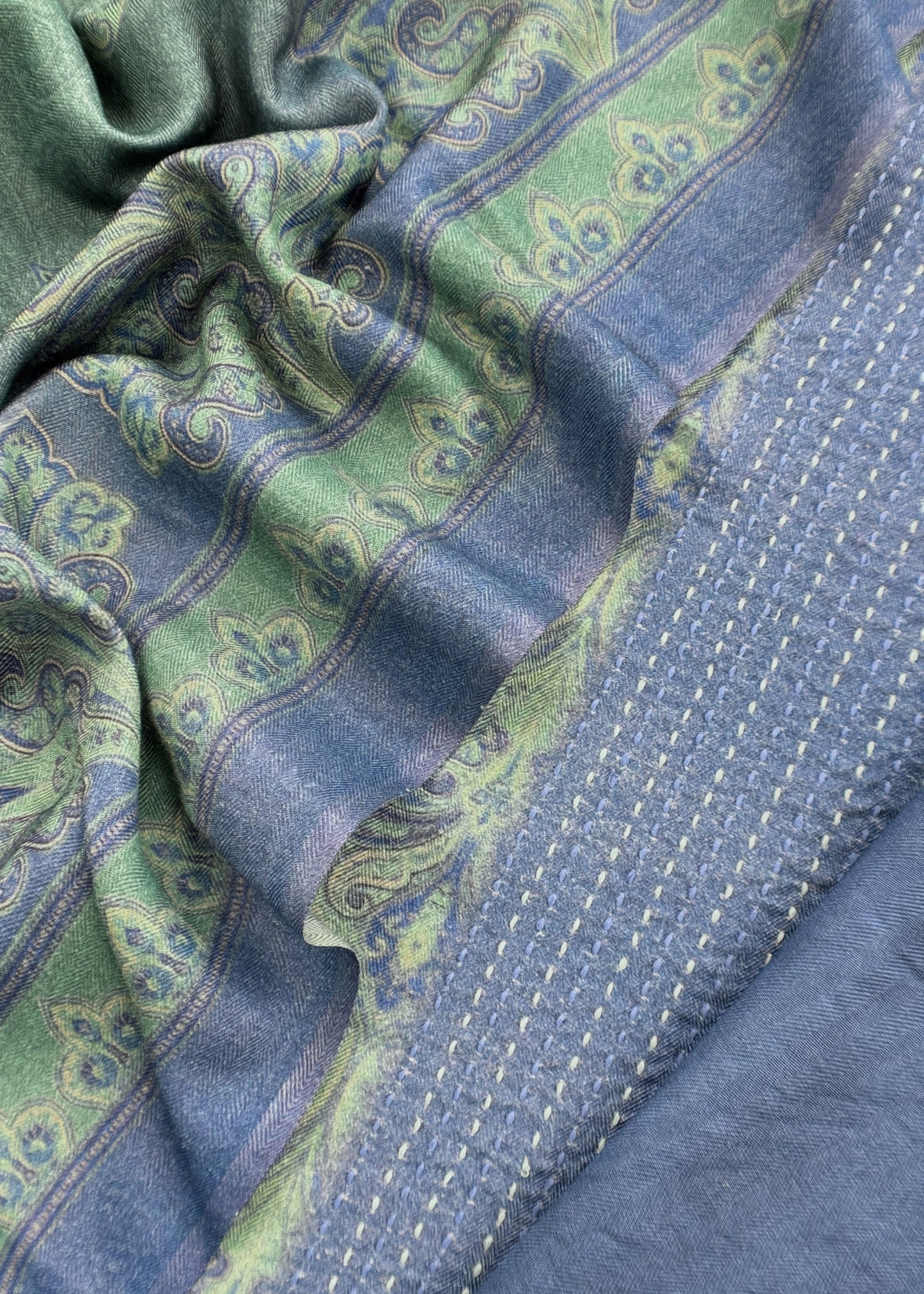 Blue Winters Spun Pashmina Digital Print Suit Fabric With Kantha Embroidery