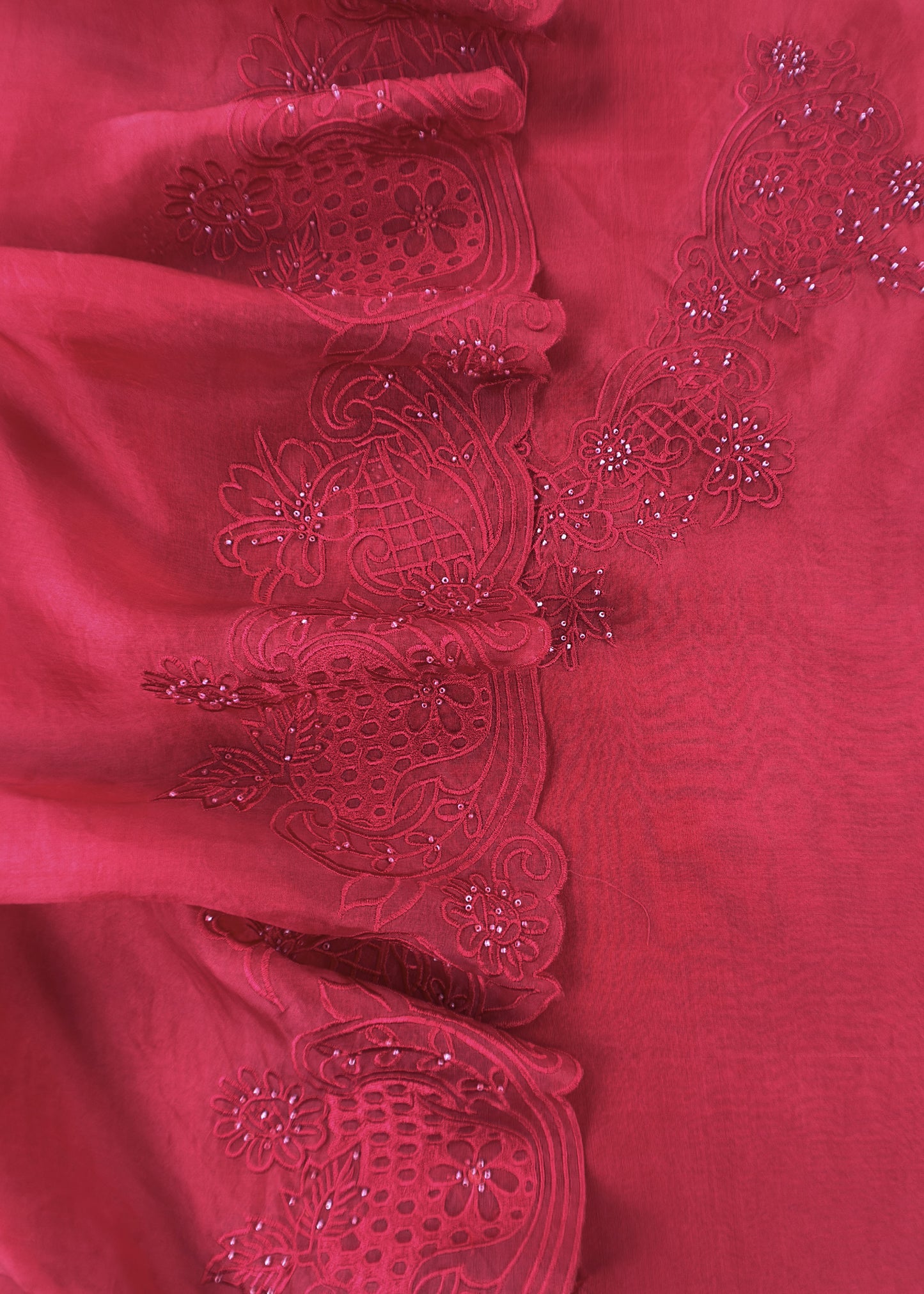 Classic Red Pure Organza Silk Suit fabric with Parsi Embroidery and Handwork