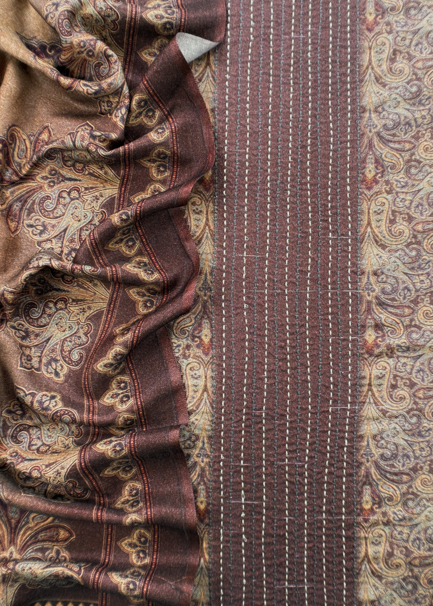 Brown Winters Spun Pashmina Digital Print Suit Fabric With Kantha Embroidery