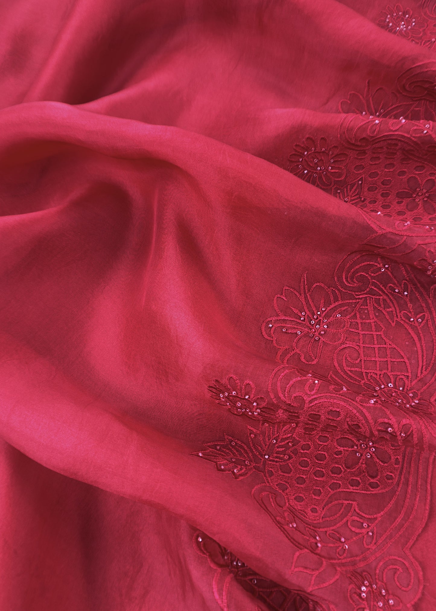 Classic Red Pure Organza Silk Suit fabric with Parsi Embroidery and Handwork
