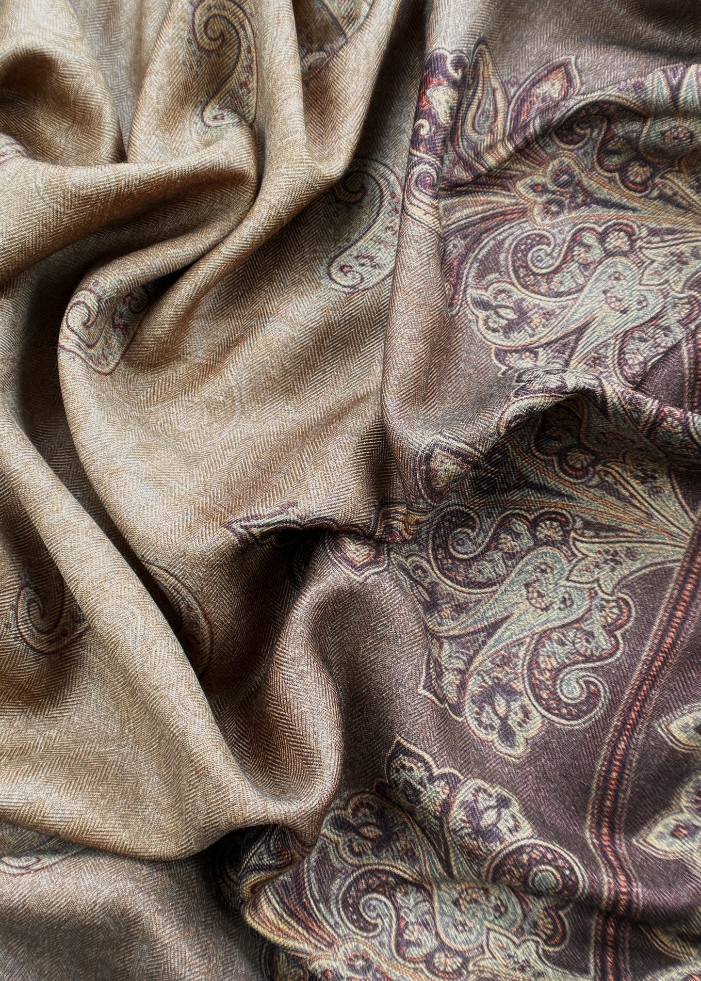 Brown Winters Spun Pashmina Digital Print Suit Fabric With Kantha Embroidery