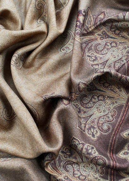 Brown Winters Spun Pashmina Digital Print Suit Fabric With Kantha Embroidery