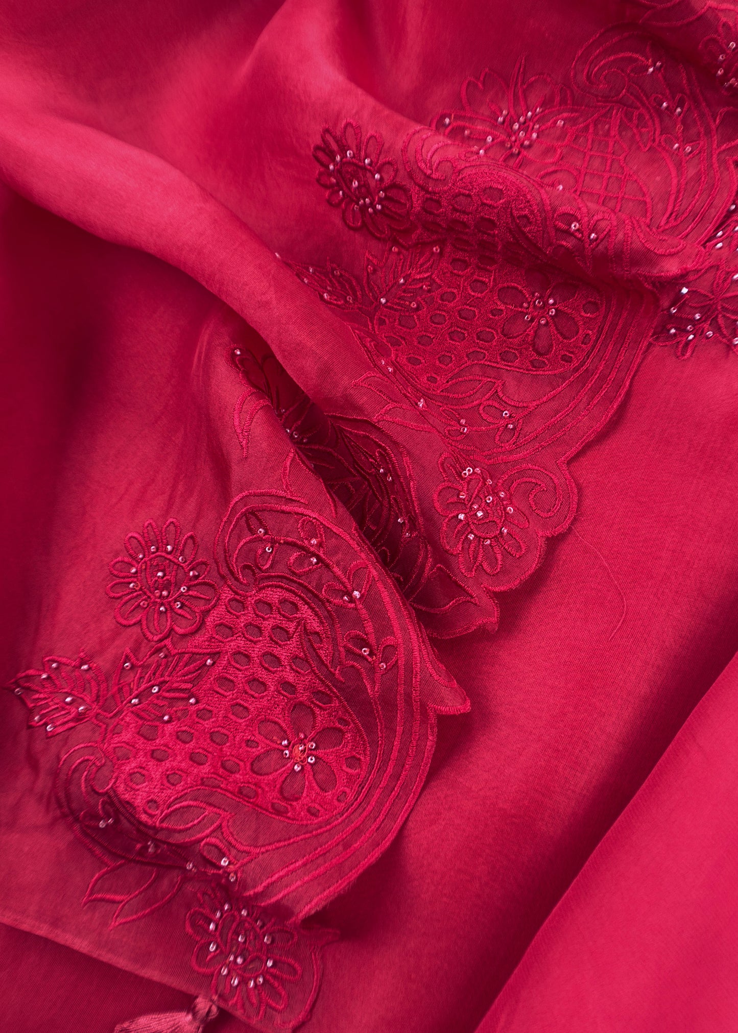 Classic Red Pure Organza Silk Suit fabric with Parsi Embroidery and Handwork