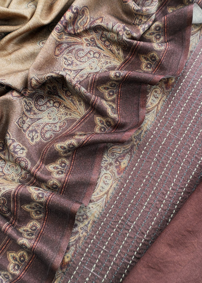 Brown Winters Spun Pashmina Digital Print Suit Fabric With Kantha Embroidery