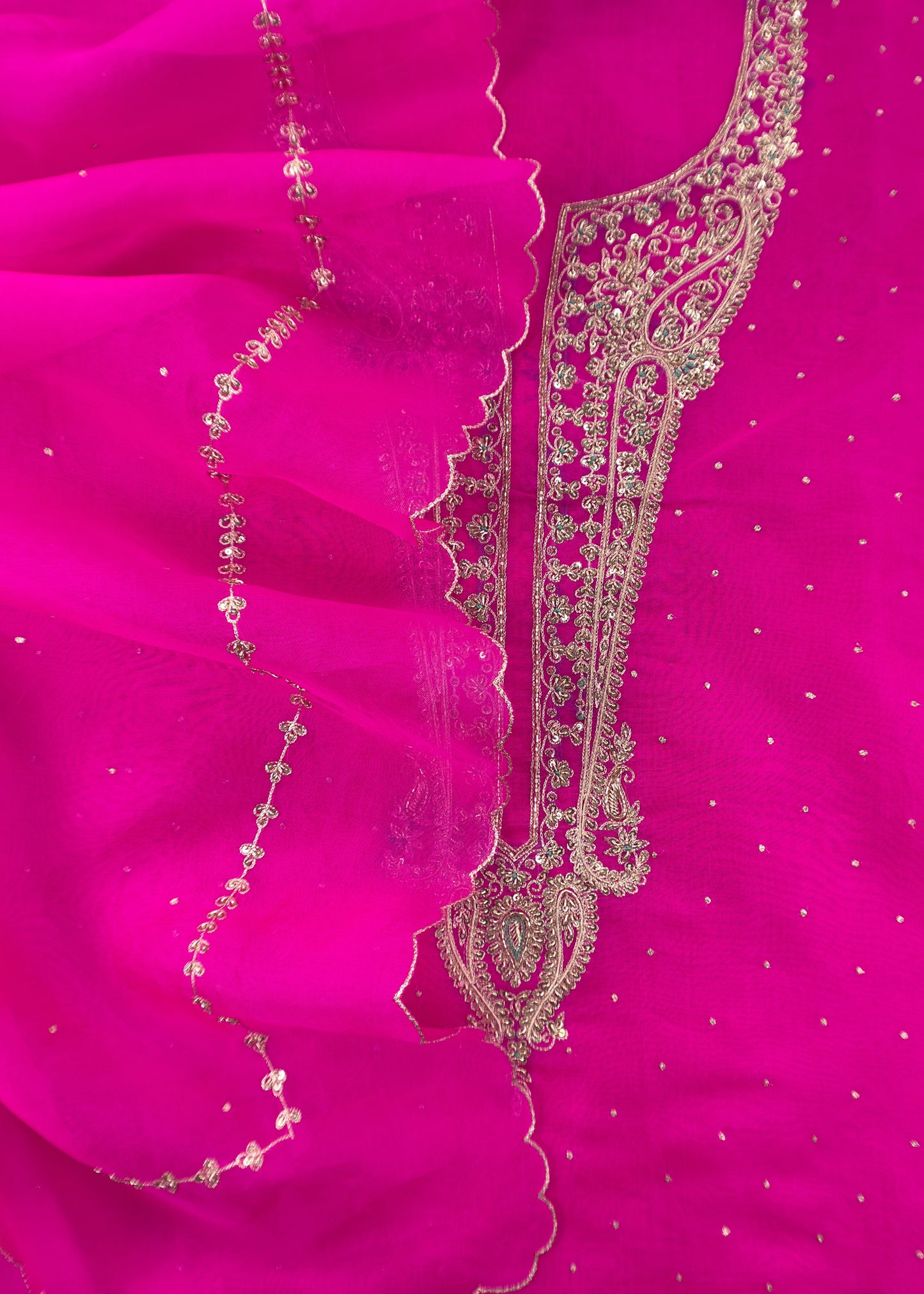 Vibrant Pink Kora Silk Suit Fabric With Dori And Dabka Hand Work