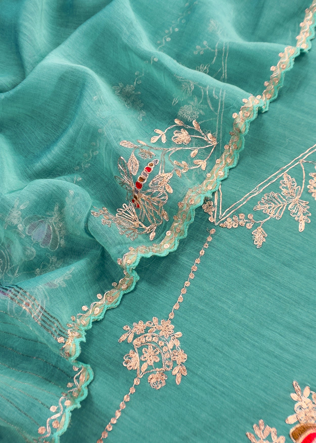 Tiffany Blue Mul Chanderi Unstitched Suit With Pitta Work
