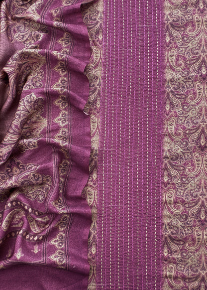 Pink Winters Spun Pashmina Digital Print Suit Fabric With Kantha Embroidery