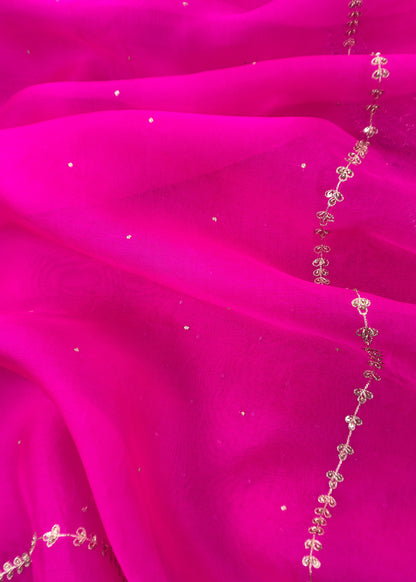 Vibrant Pink Kora Silk Suit Fabric With Dori And Dabka Hand Work