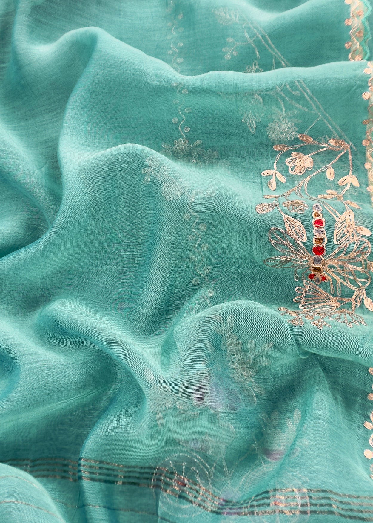 Tiffany Blue Mul Chanderi Unstitched Suit With Pitta Work