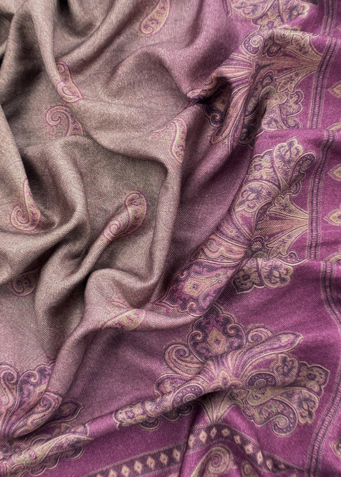 Pink Winters Spun Pashmina Digital Print Suit Fabric With Kantha Embroidery