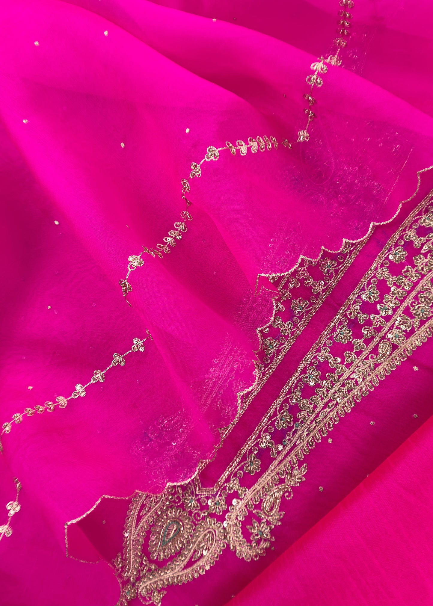 Vibrant Pink Kora Silk Suit Fabric With Dori And Dabka Hand Work
