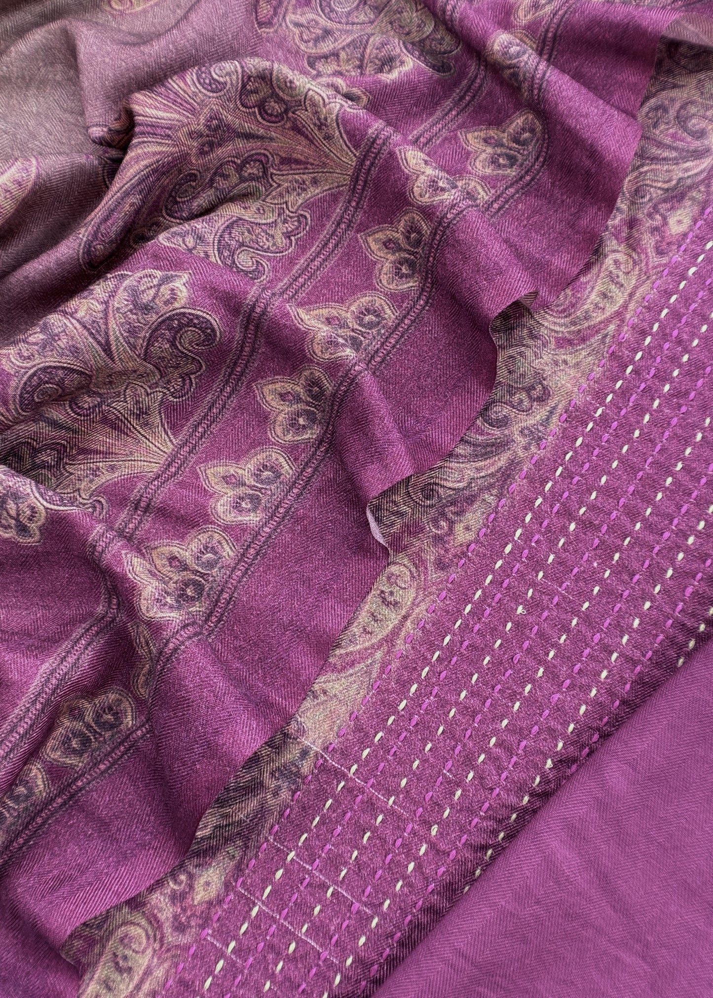 Pink Winters Spun Pashmina Digital Print Suit Fabric With Kantha Embroidery