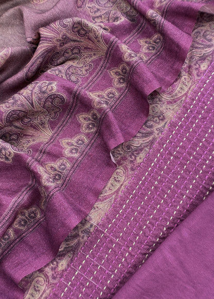 Pink Winters Spun Pashmina Digital Print Suit Fabric With Kantha Embroidery
