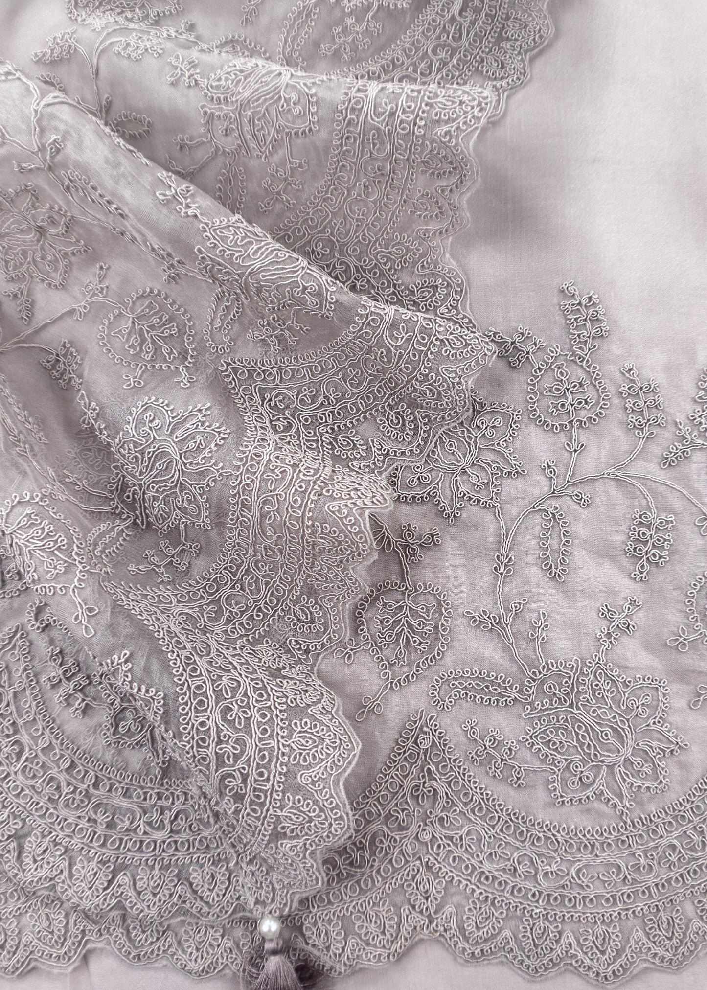 Grey Kalasheel Luxe  Handloom Organza Suit With Garden French Embroidery