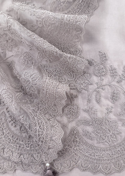Grey Kalasheel Luxe  Handloom Organza Suit With Garden French Embroidery