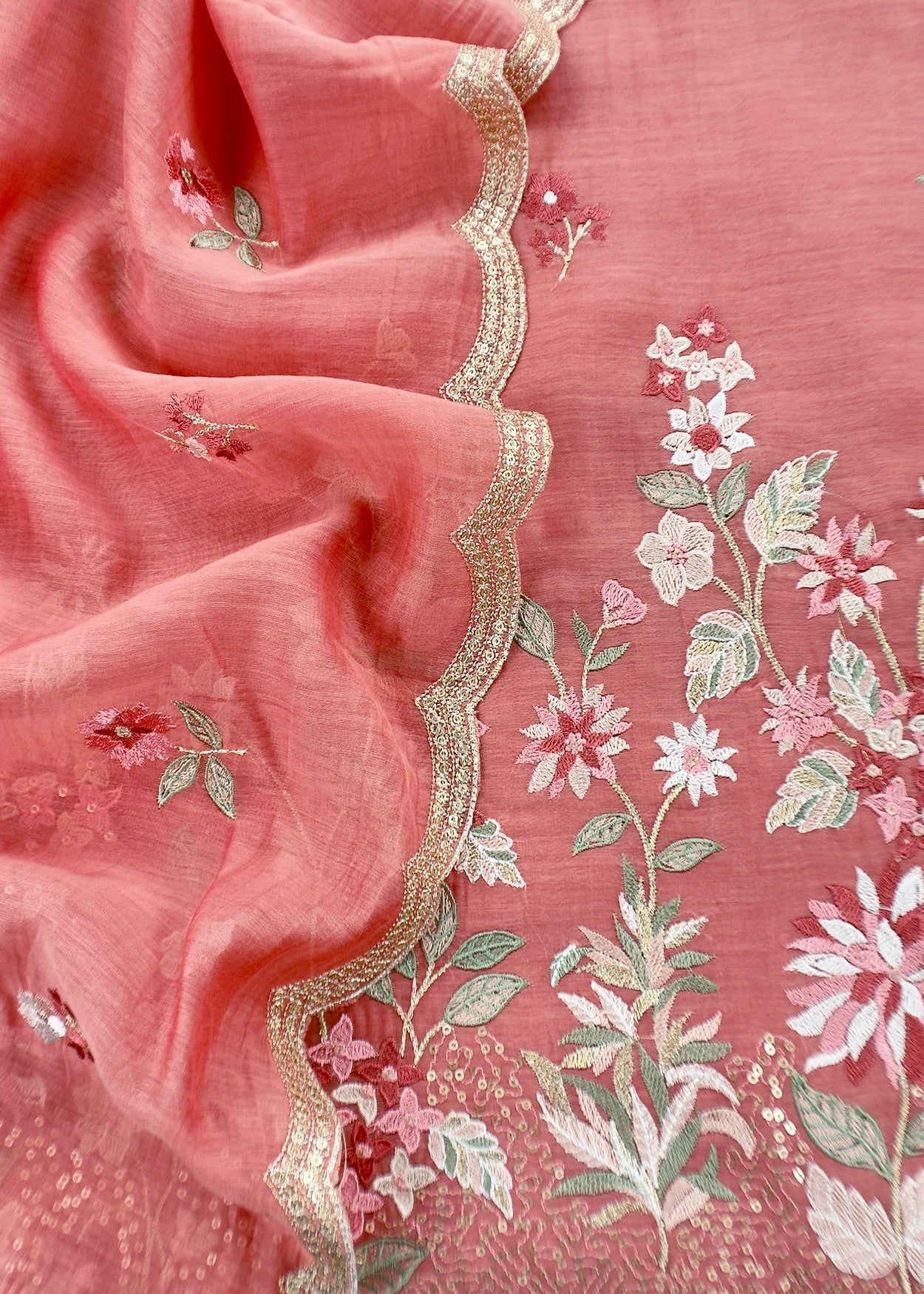 Peach Pure Mul Cotton Suit With Flower Embroidery
