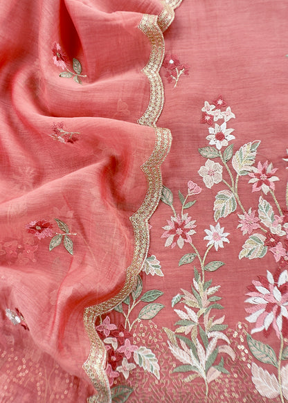 Peach Pure Mul Cotton Suit With Flower Embroidery