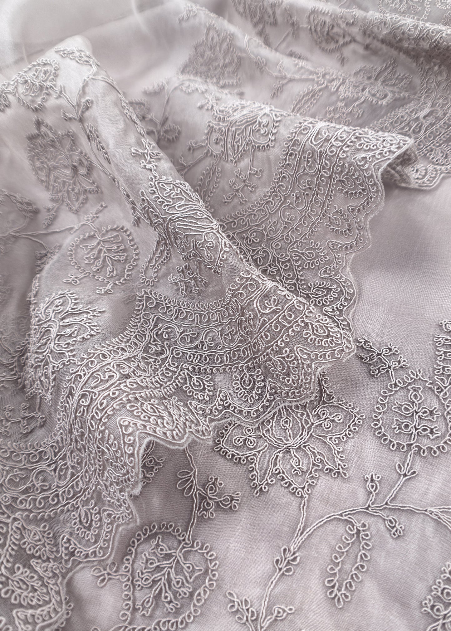 Grey Kalasheel Luxe  Handloom Organza Suit With Garden French Embroidery