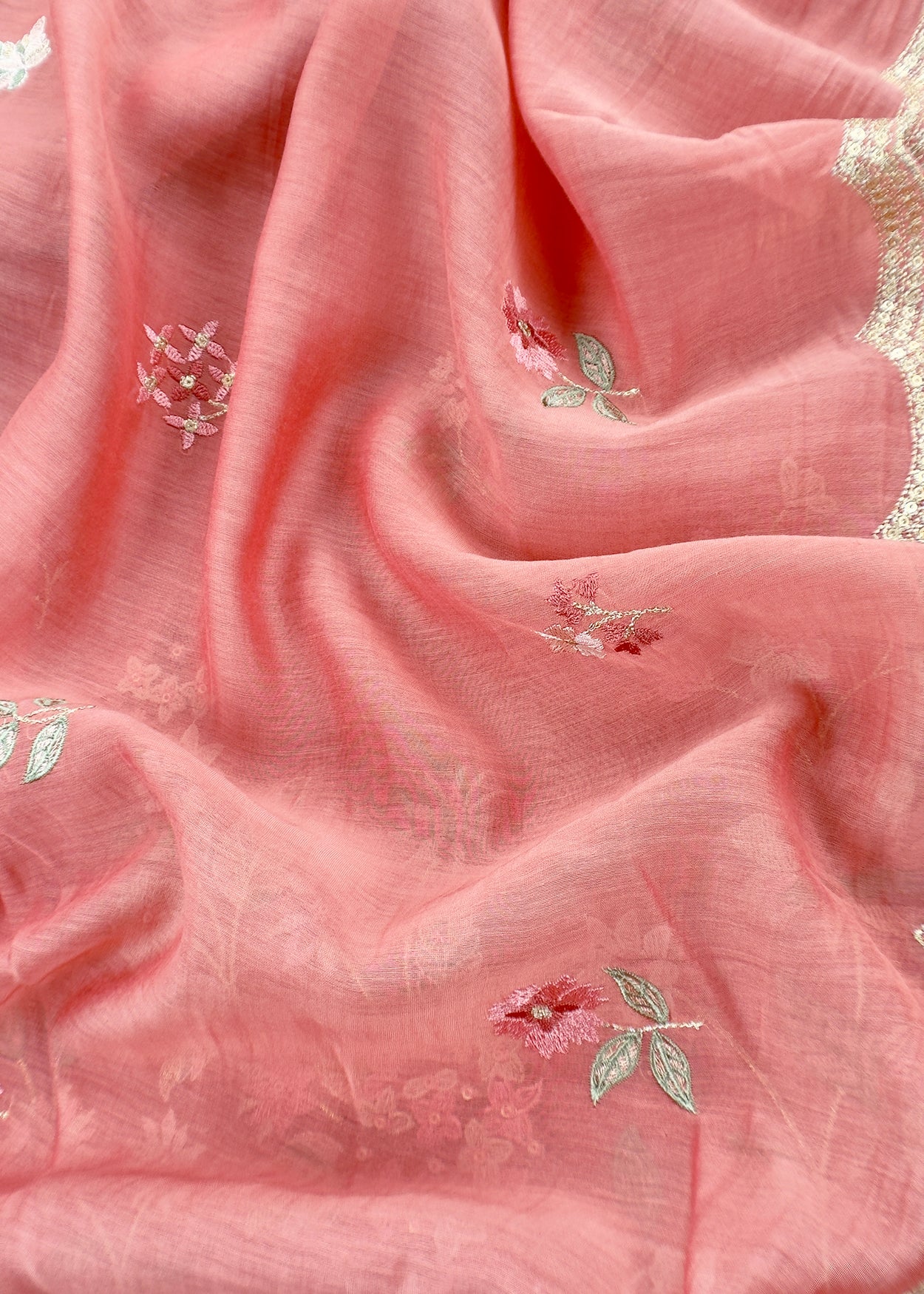 Peach Pure Mul Cotton Suit With Flower Embroidery