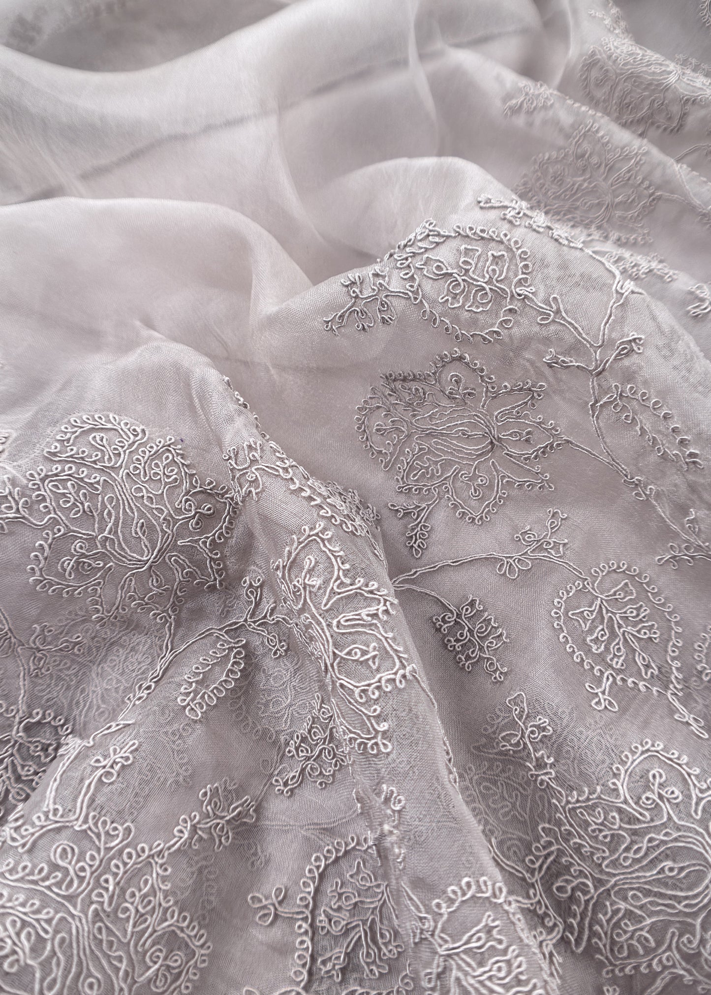 Grey Kalasheel Luxe  Handloom Organza Suit With Garden French Embroidery