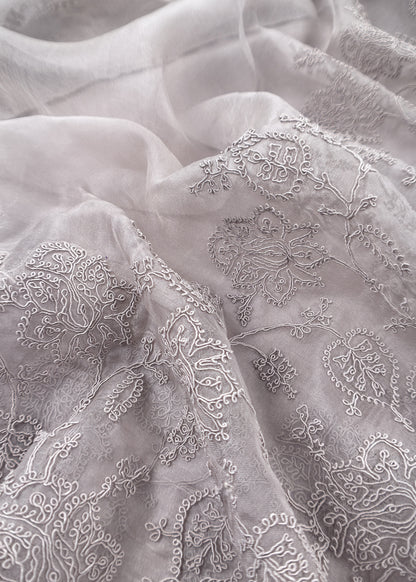 Grey Kalasheel Luxe  Handloom Organza Suit With Garden French Embroidery