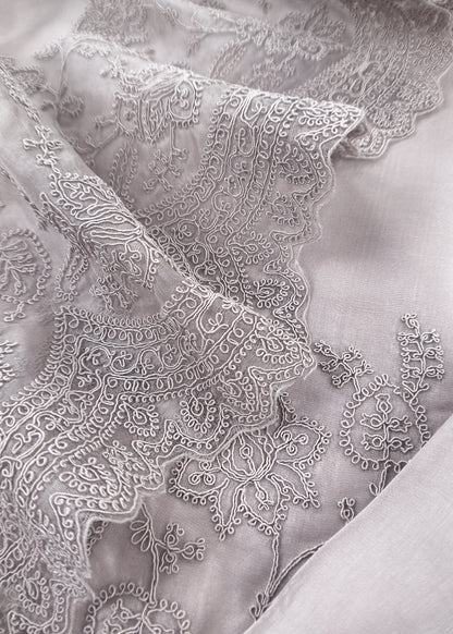 Grey Kalasheel Luxe  Handloom Organza Suit With Garden French Embroidery