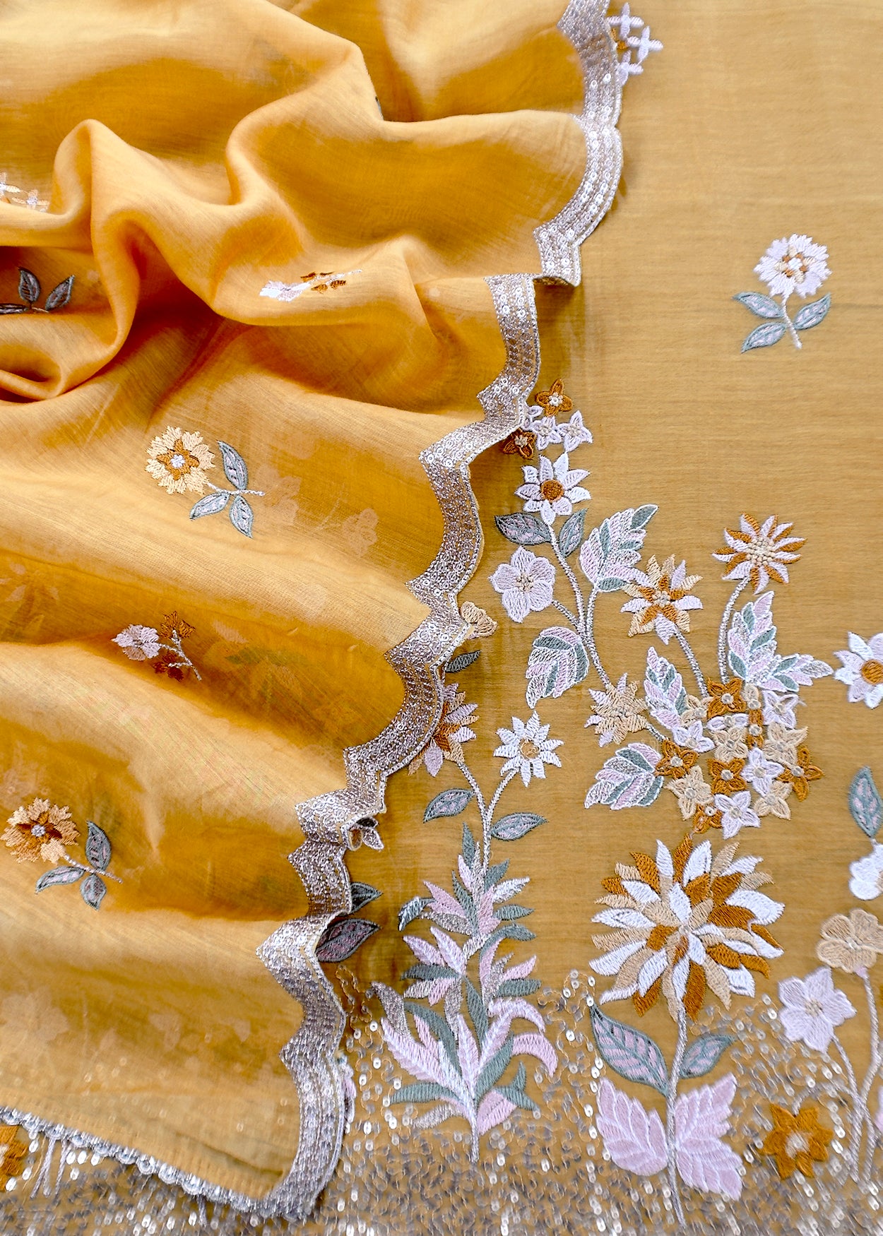 Yellow Pure Mul Cotton Suit With Flower Embroidery