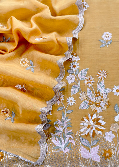 Yellow Pure Mul Cotton Suit With Flower Embroidery