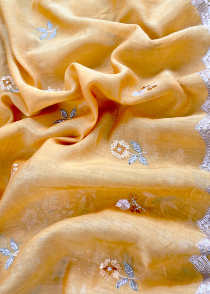 Yellow Pure Mul Cotton Suit With Flower Embroidery