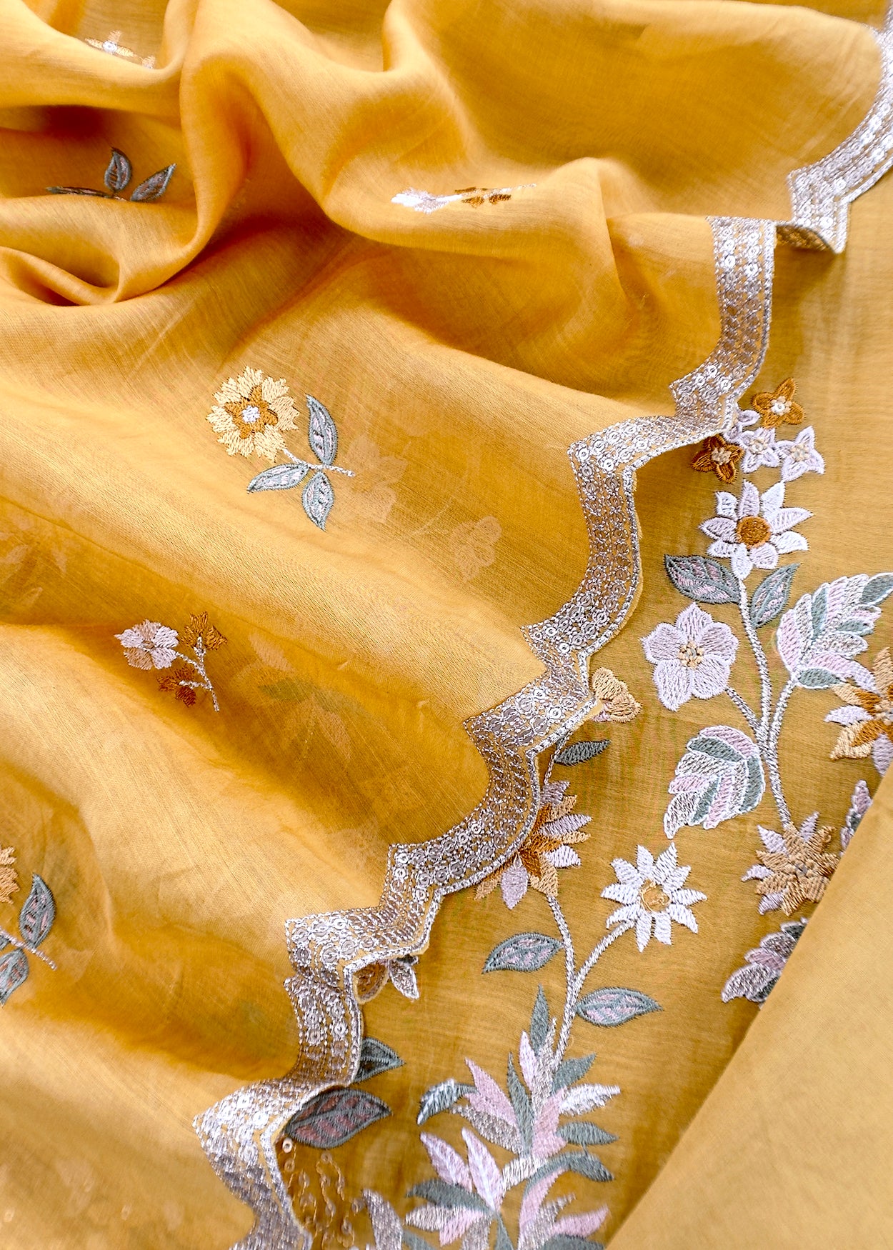 Yellow Pure Mul Cotton Suit With Flower Embroidery