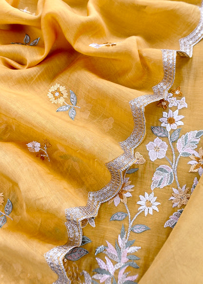 Yellow Pure Mul Cotton Suit With Flower Embroidery