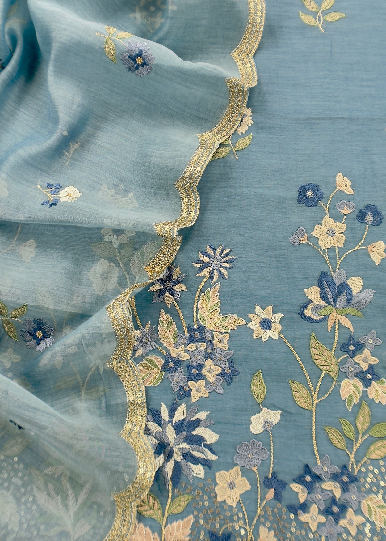 Blue Pure Mul Cotton Suit With Flower Embroidery