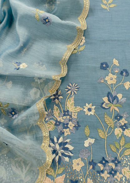 Blue Pure Mul Cotton Suit With Flower Embroidery