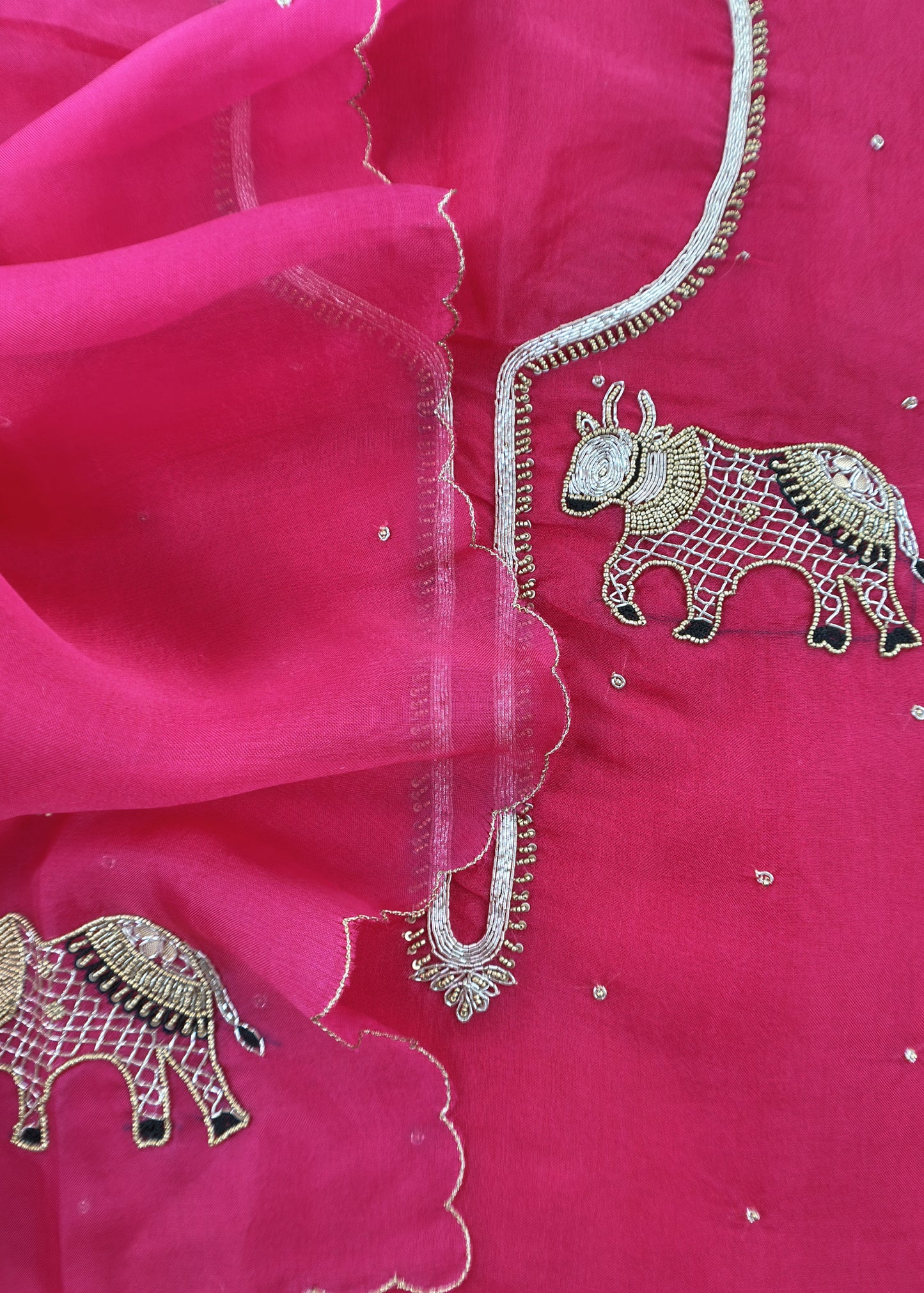 Pink Handloom Tissue silk Suit Fabric with Shikagarh Bull Handwork