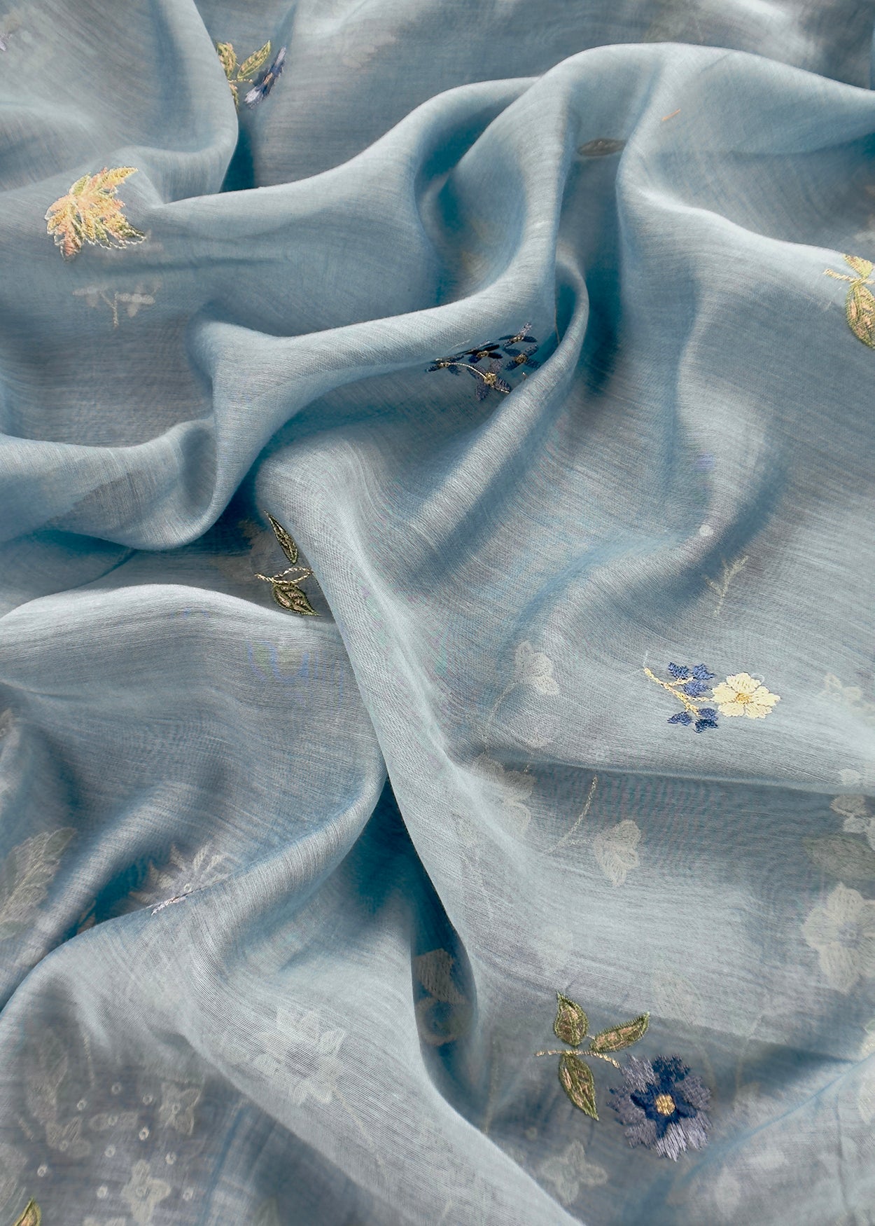 Blue Pure Mul Cotton Suit With Flower Embroidery
