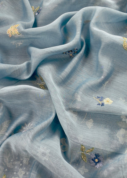 Blue Pure Mul Cotton Suit With Flower Embroidery