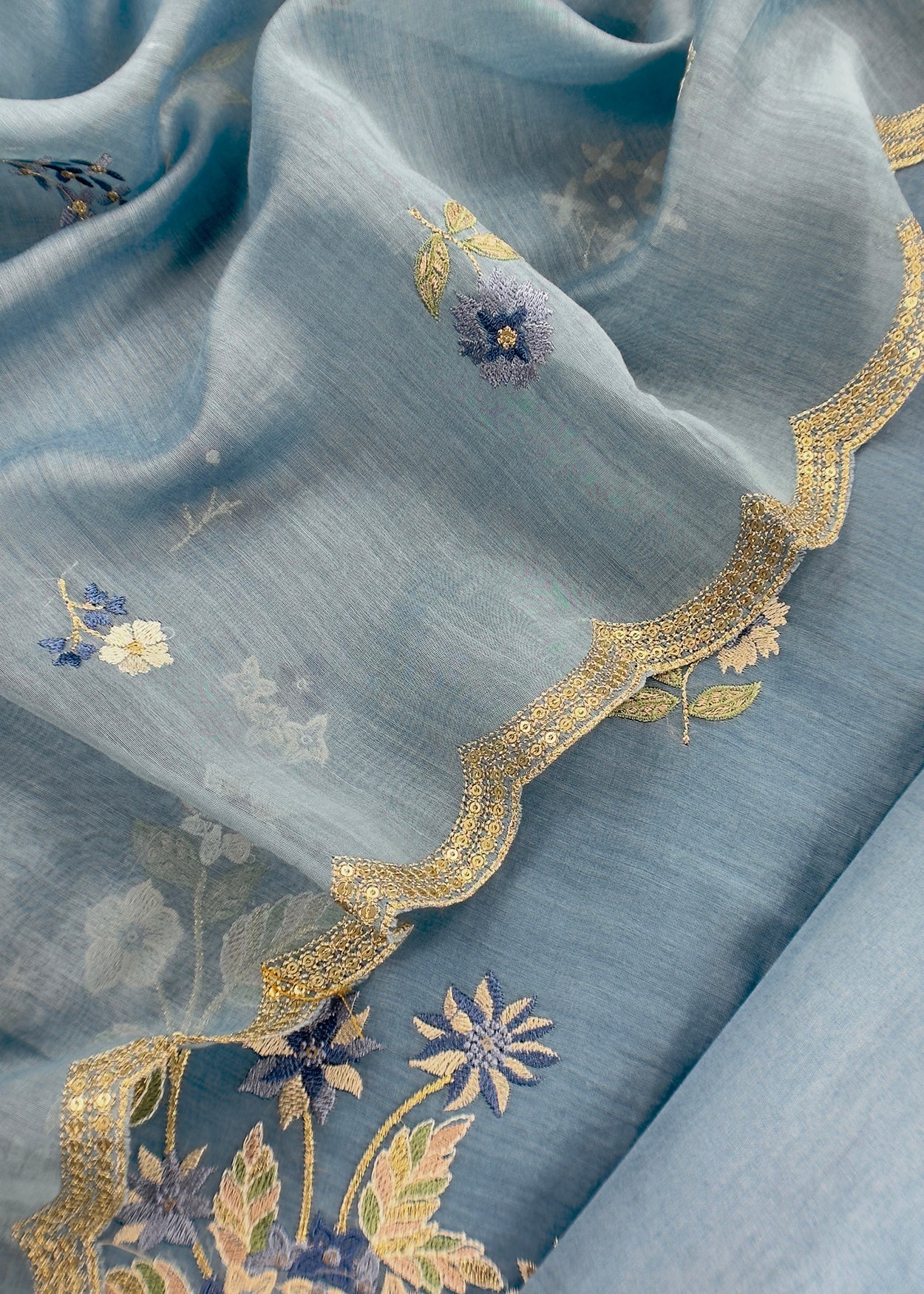 Blue Pure Mul Cotton Suit With Flower Embroidery