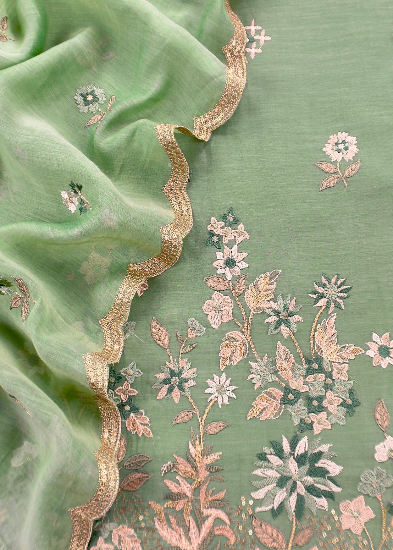 Green Pure Mul Cotton Suit With Flower Embroidery